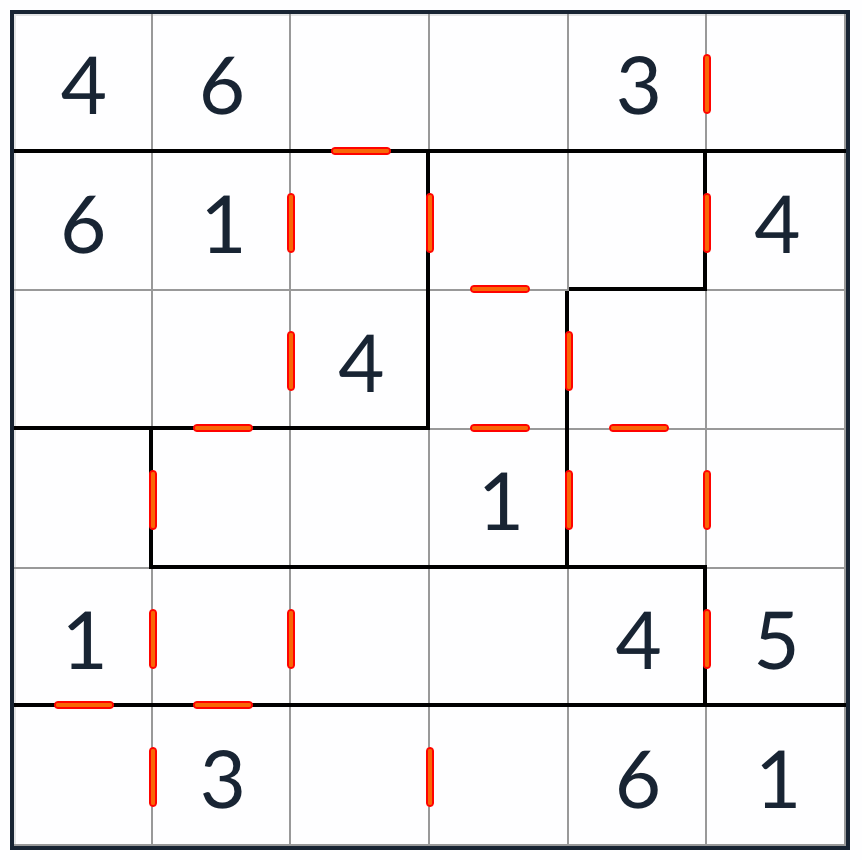 anti-knight不規則連続Sudoku 6x6パズル