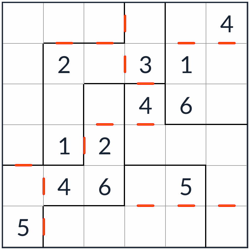 不規則な連続したsudoku 6x6パズル
