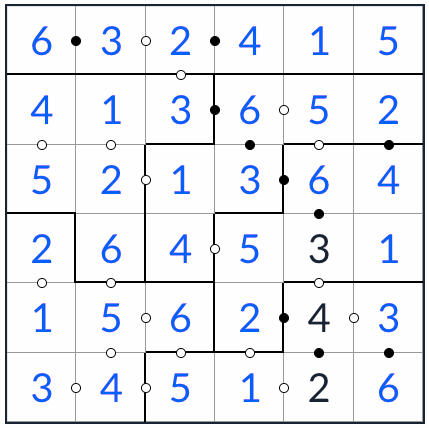 不規則なkropki sudoku 6x6ソリューション