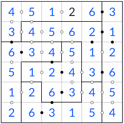 アンチナイト不規則なkropki sudoku 6x6ソリューション