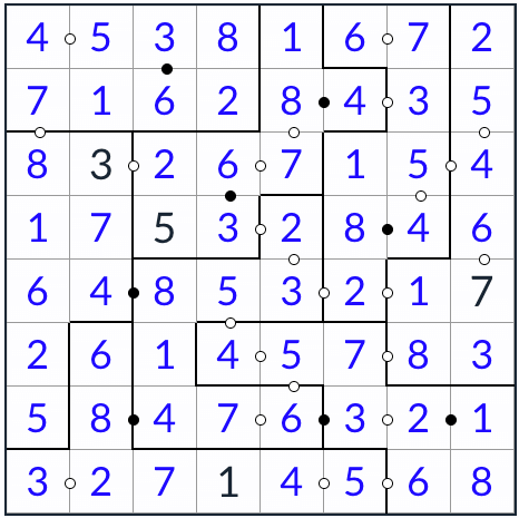 不規則なkropki sudoku 8x8ソリューション