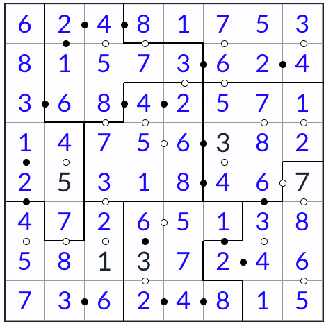不規則なkropki sudoku 8x8ソリューション